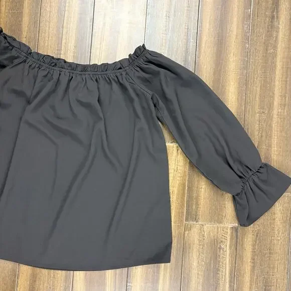 Lulu's size S Black Ruched Blouse Flowy Elastic Cuffs wide Round Neck Long Sleev - Picture 10 of 11